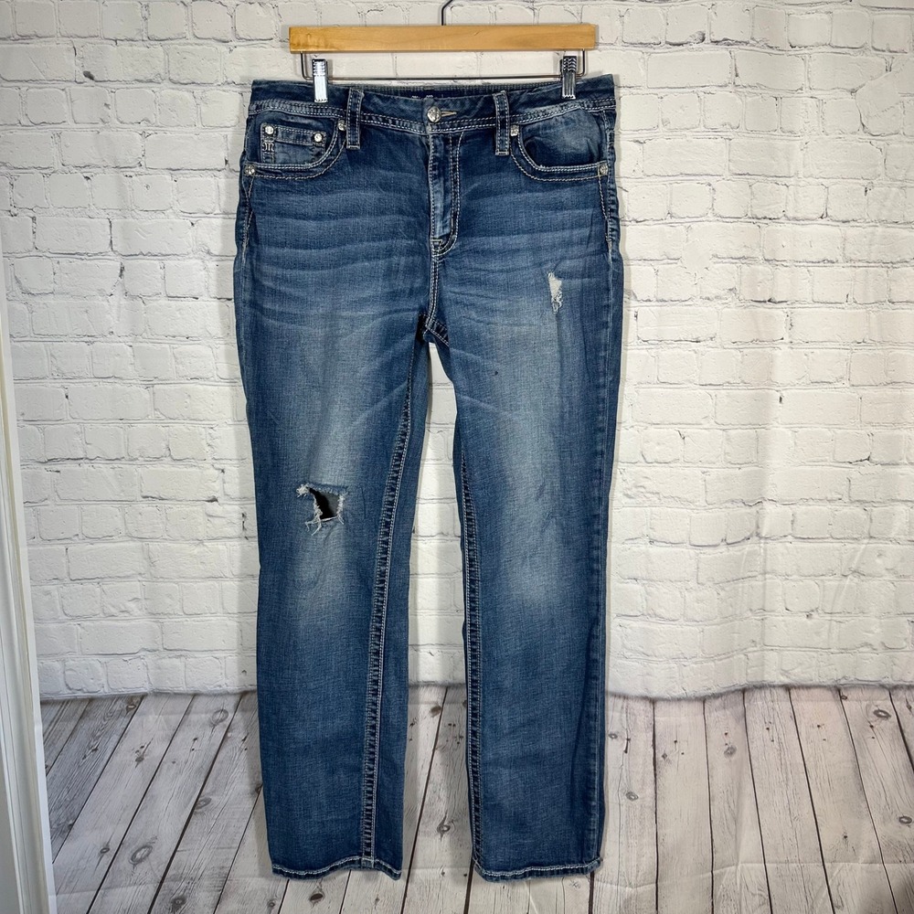 Miss Me Womens Distressed Straight Leg Jeans Medium Wash Embellished Blue Denim